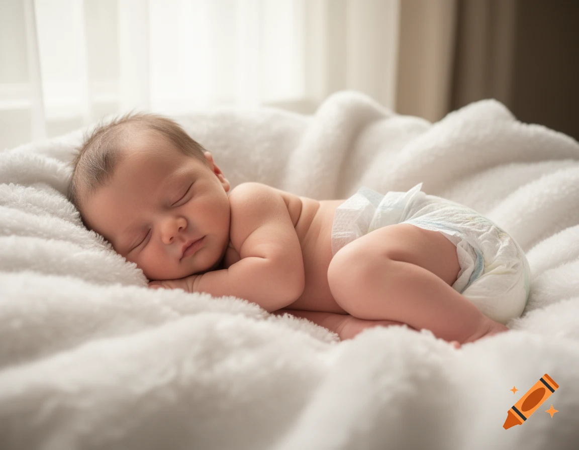 A cute newborn baby sleeps peacefully on a soft white blanket, wearing a diaper, bathed in soft natural light. Photorealistic.