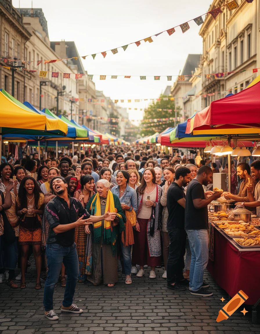 A vibrant, photorealistic street market scene with a large, diverse crowd of people, colorful stalls, and festive banners.