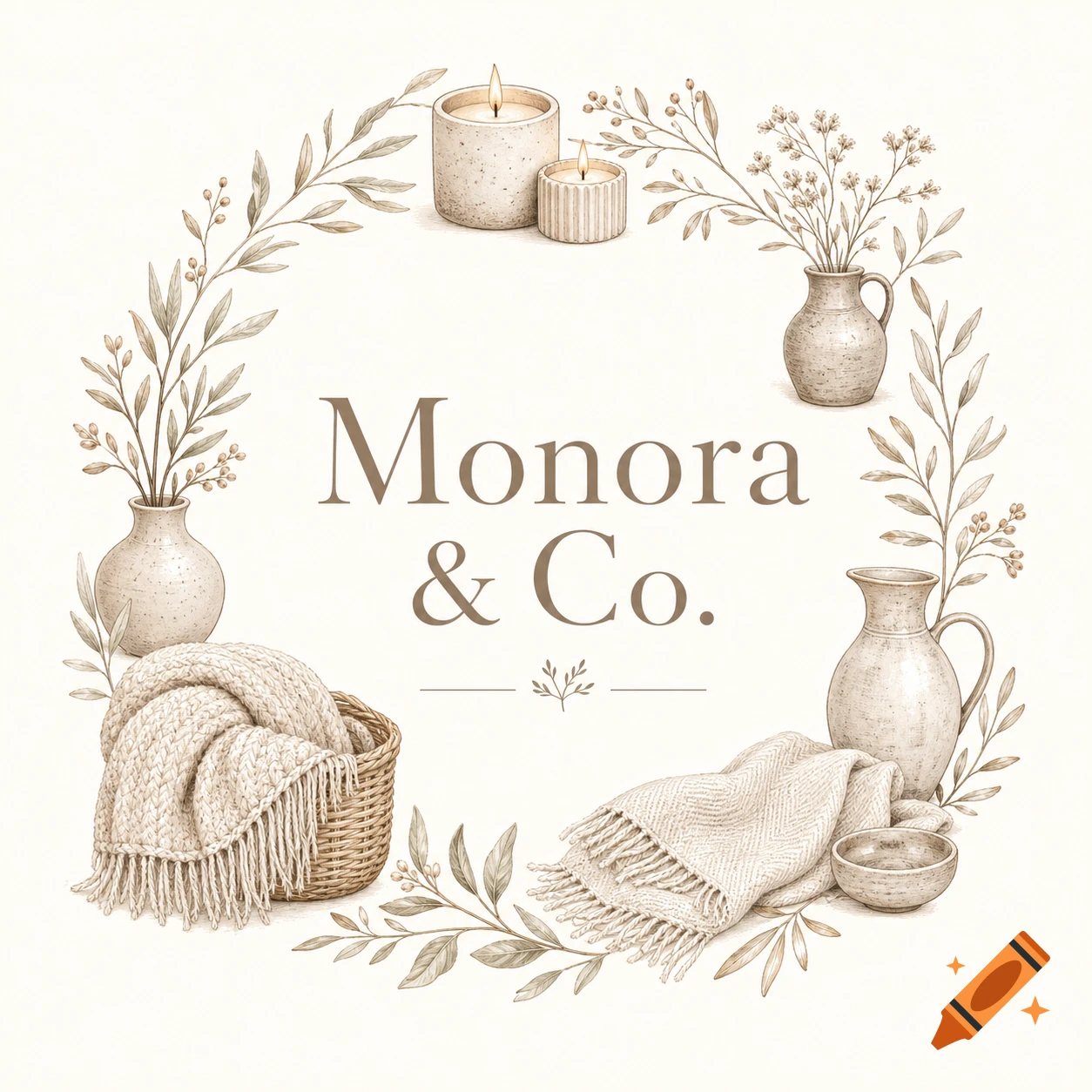A cozy home goods logo featuring a wreath of botanical branches, candles, vases, blankets, and a basket, surrounding the text 'Monora & Co.' in an illustration style.