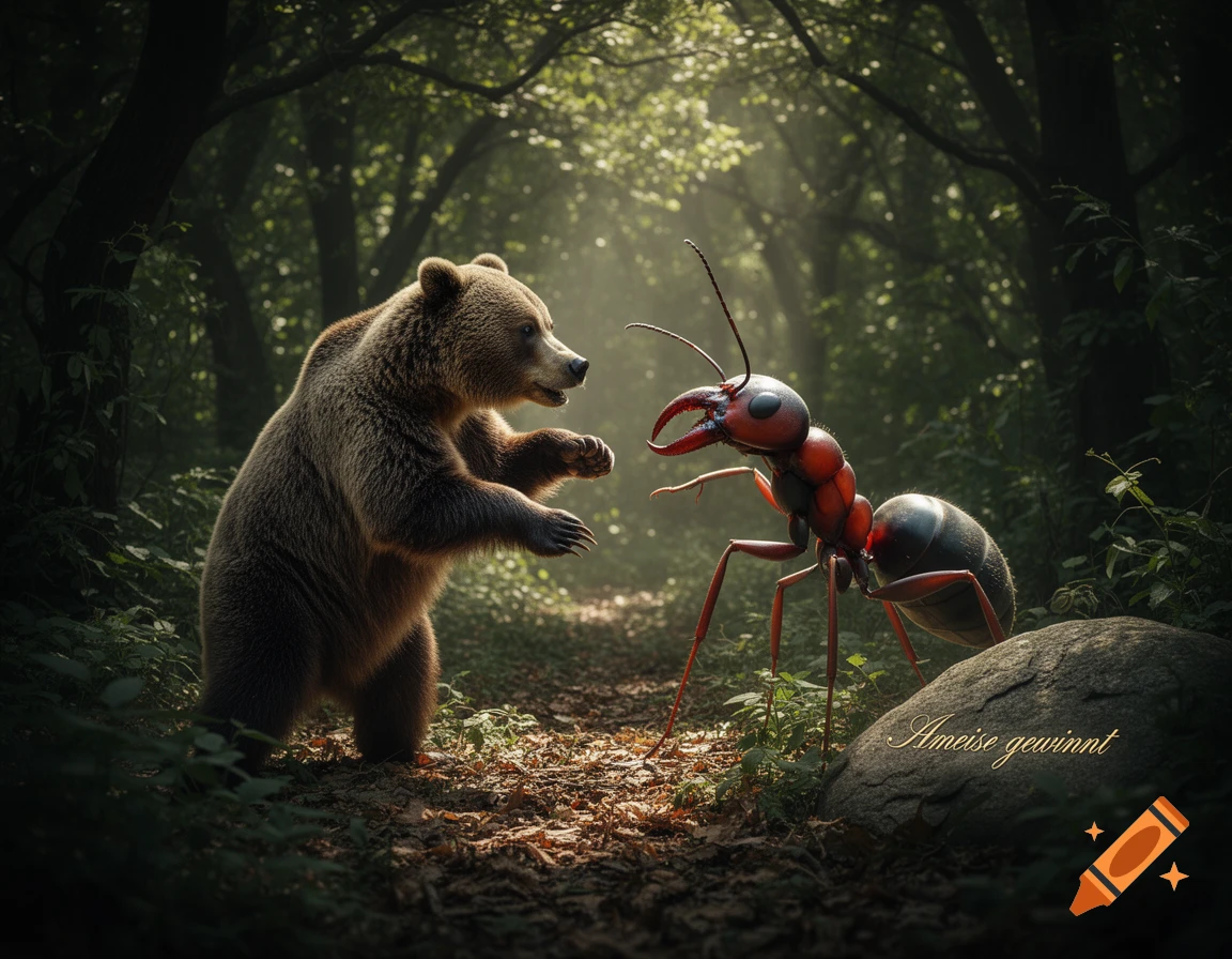 A photorealistic image of a bear facing a giant ant in a sunlit forest, with 'Ameise gewinnt' on a rock.