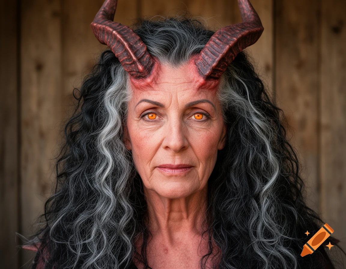 Close-up portrait of an old tiefling woman with red horns, light red skin, glowing orange eyes, and frizzy black and gray hair.