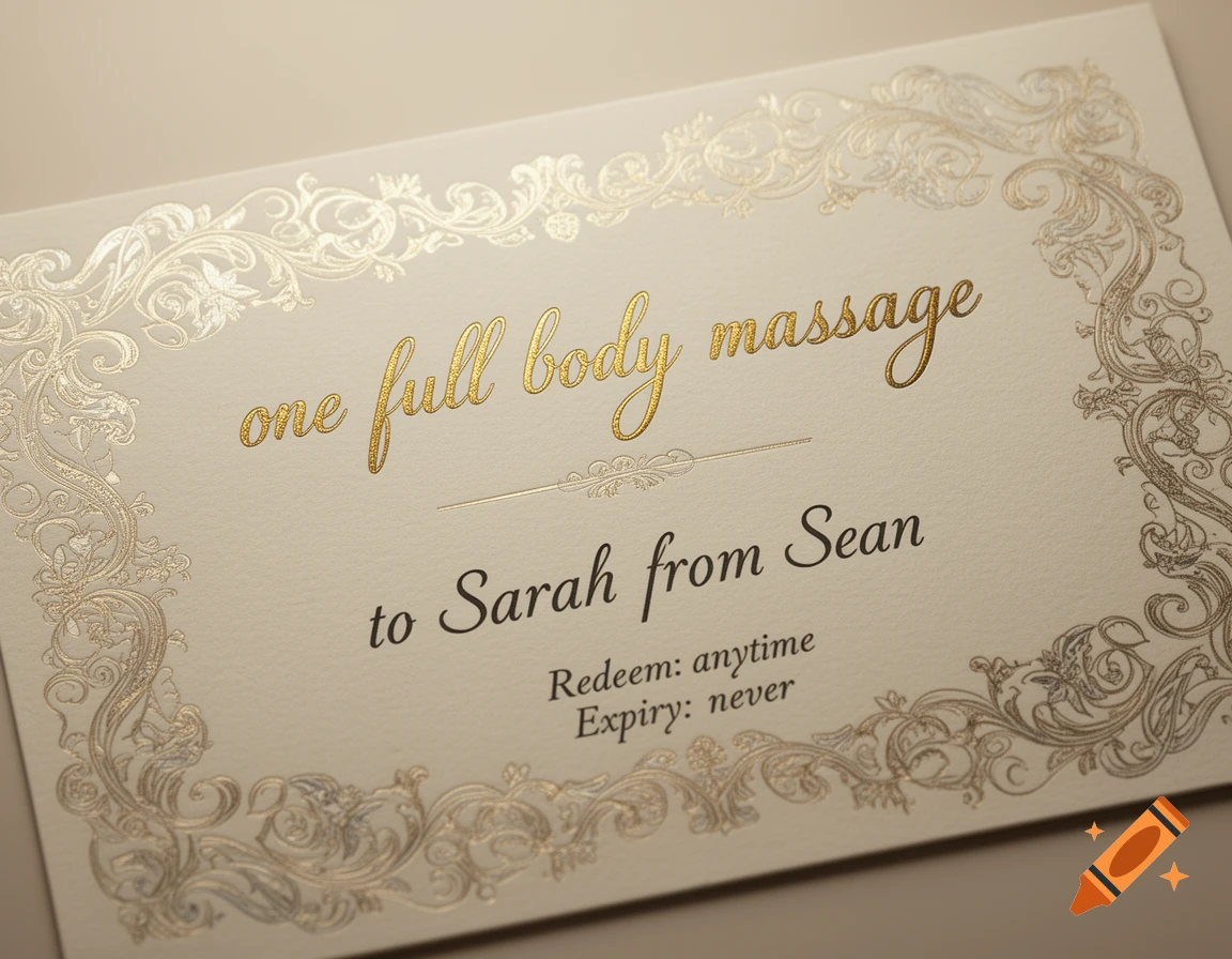 A cream-colored gift voucher with a golden filigree border for 'one full body massage' to Sarah from Sean.