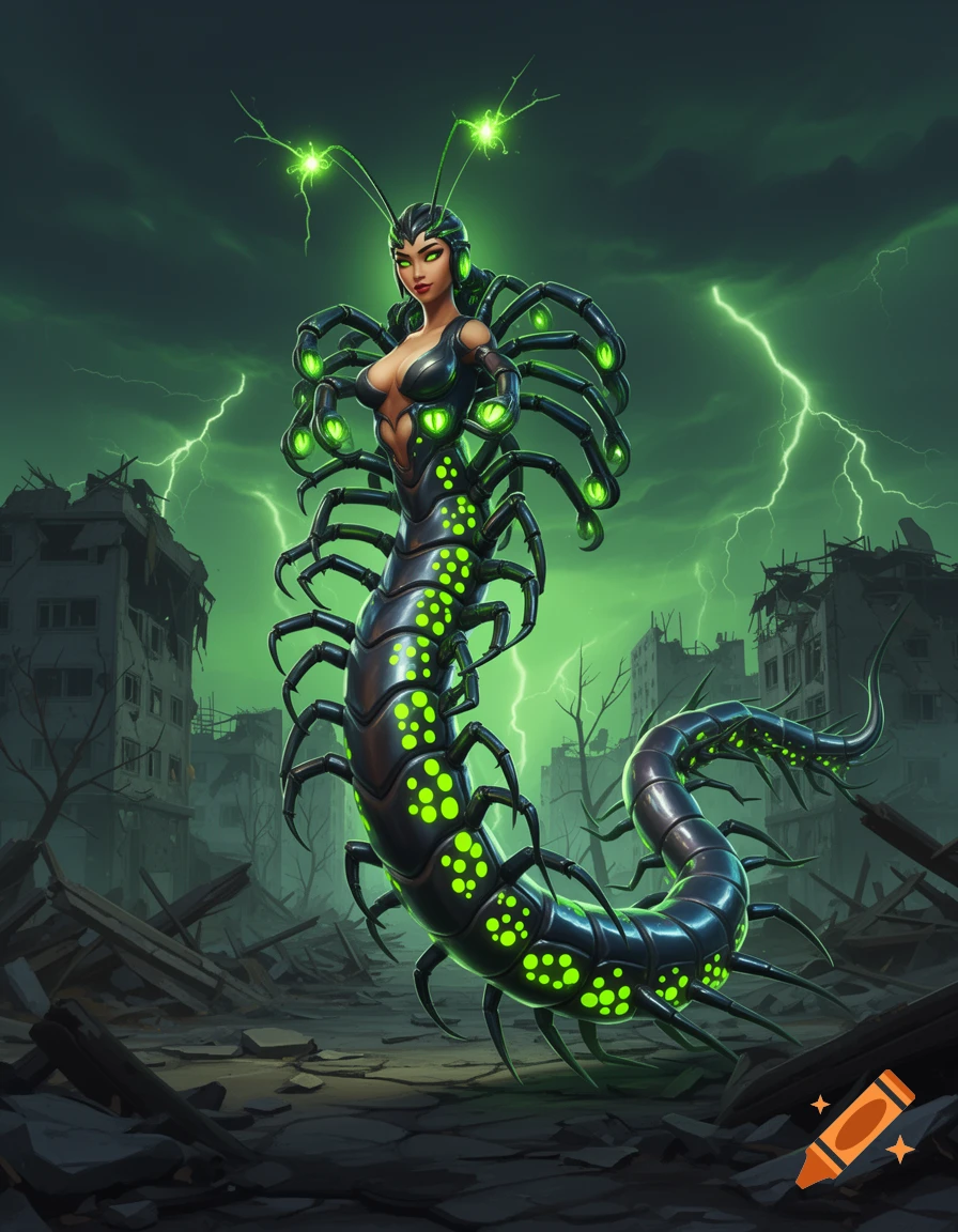 A female centipede creature with glowing green eyes, radioactive antennae, and neon green polka dots stands in a ruined city under a stormy, green sky with lightning.