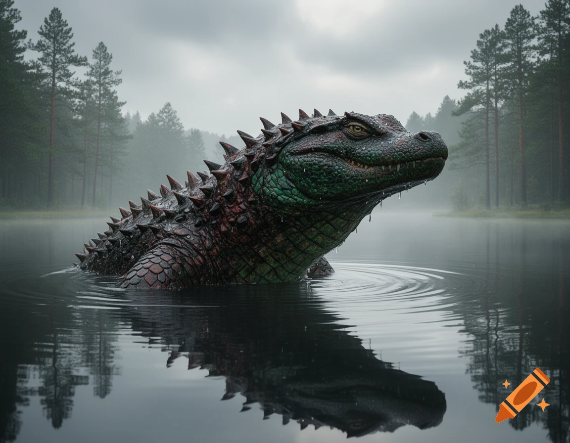 A large, green and red spiked reptile monster emerges from a misty lake with pine trees in the background, photorealistic style.