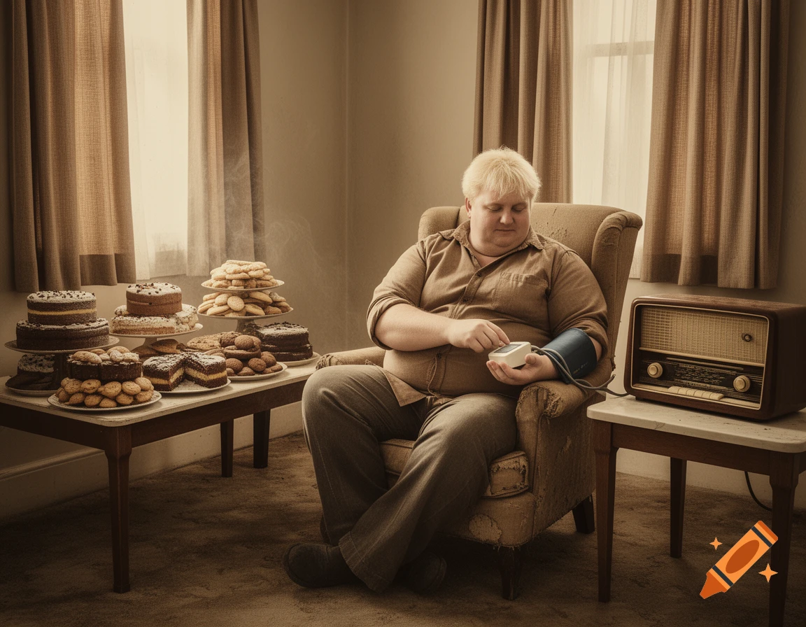 An overweight man sits in an armchair, checking his blood pressure, surrounded by numerous cakes and biscuits on a table.