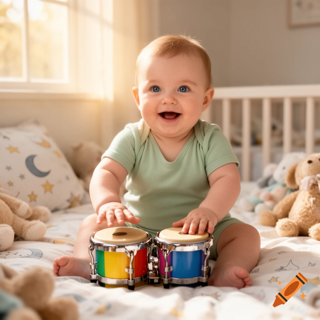 A joyful baby with blue eyes sits on a bed, happily playing colorful miniature bongos in a sunlit nursery.