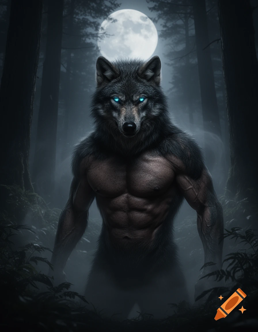 A muscular werewolf with glowing blue eyes stands in a dark forest under a full moon.