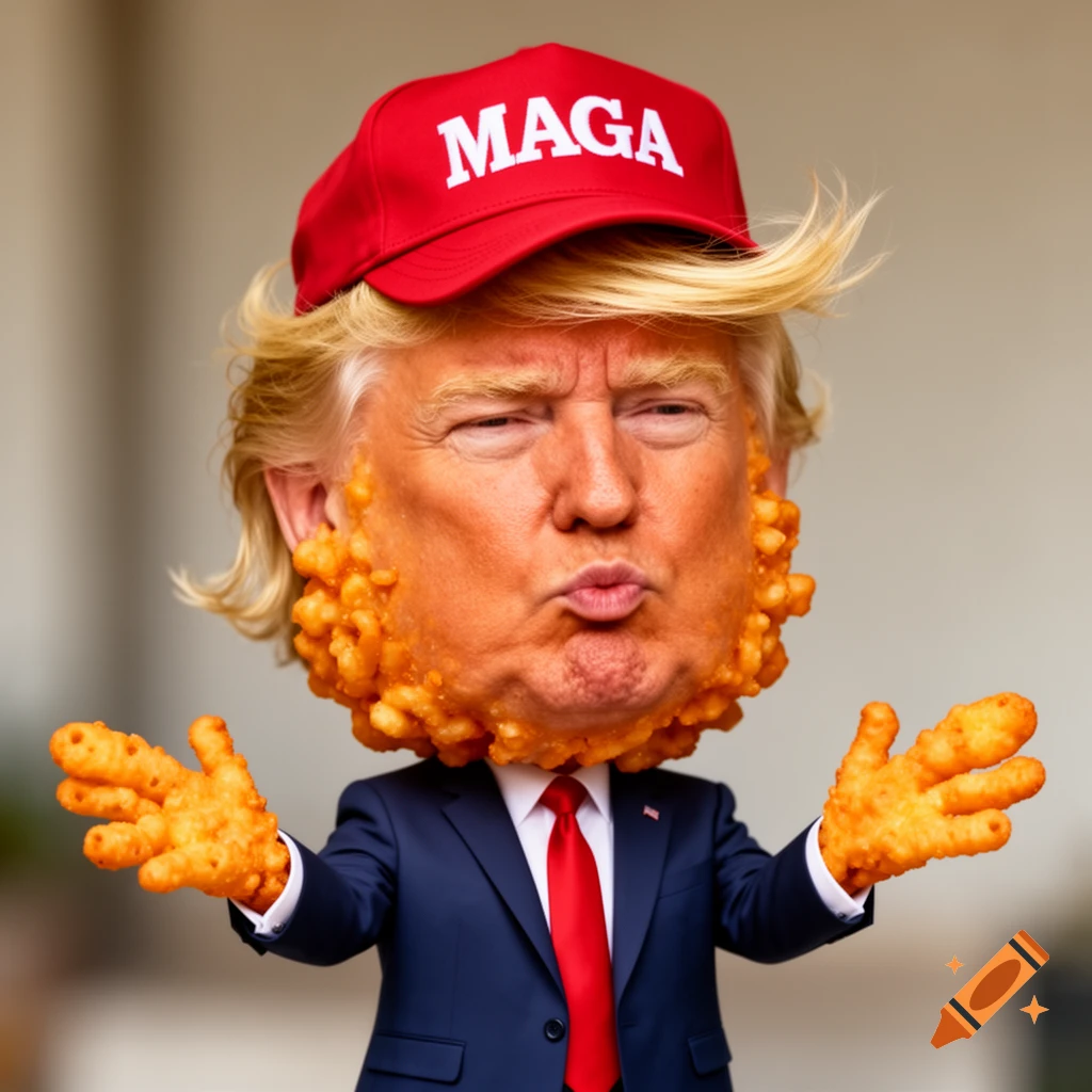 A bobblehead-style caricature of Donald Trump with a Cheeto-puff face and hands, wearing a red MAGA hat and a blue suit.