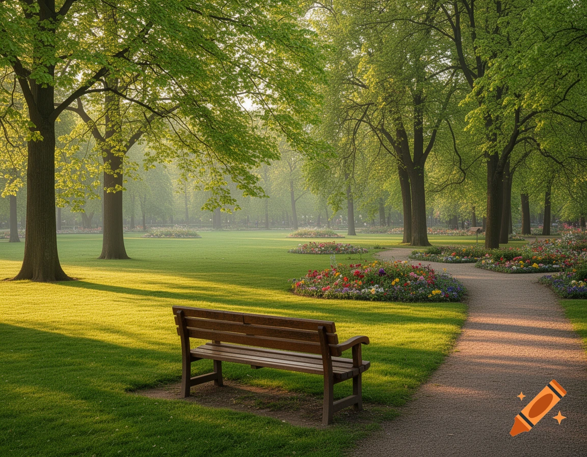 A serene park scene with a wooden bench beside a winding gravel path, surrounded by lush green grass, tall trees, and colorful flower beds under soft sunlight.