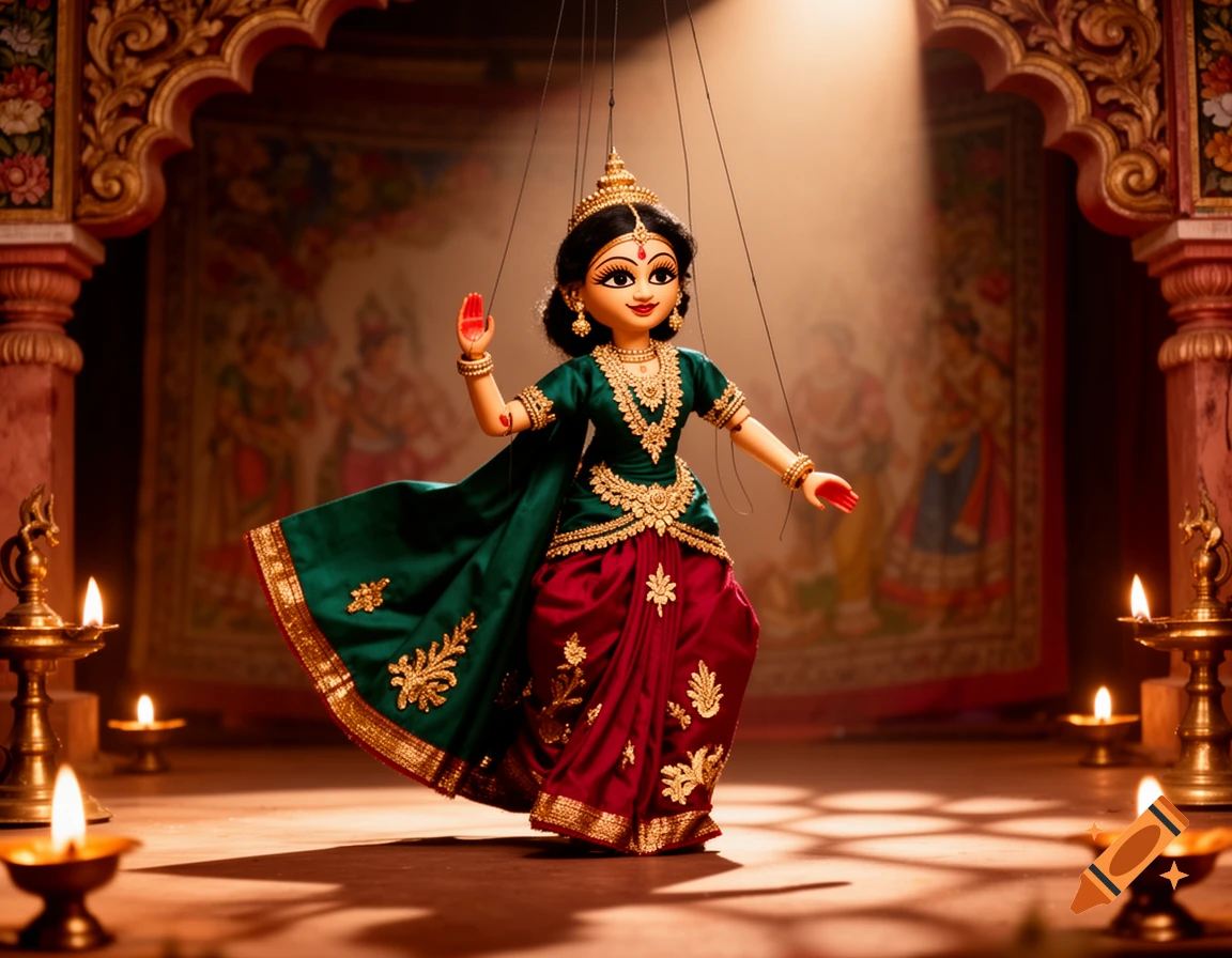 A colorful traditional Ananta puppet from Kerala, adorned in green and maroon, stands center stage with oil lamps and a spotlight.