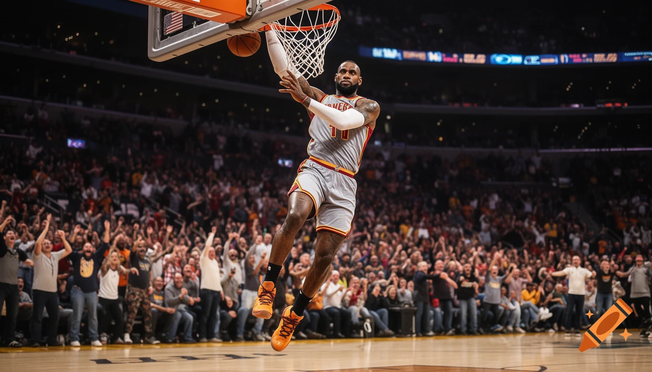 A photorealistic image of LeBron James in a grey and red jersey dunking a basketball in a packed arena with a cheering crowd.
