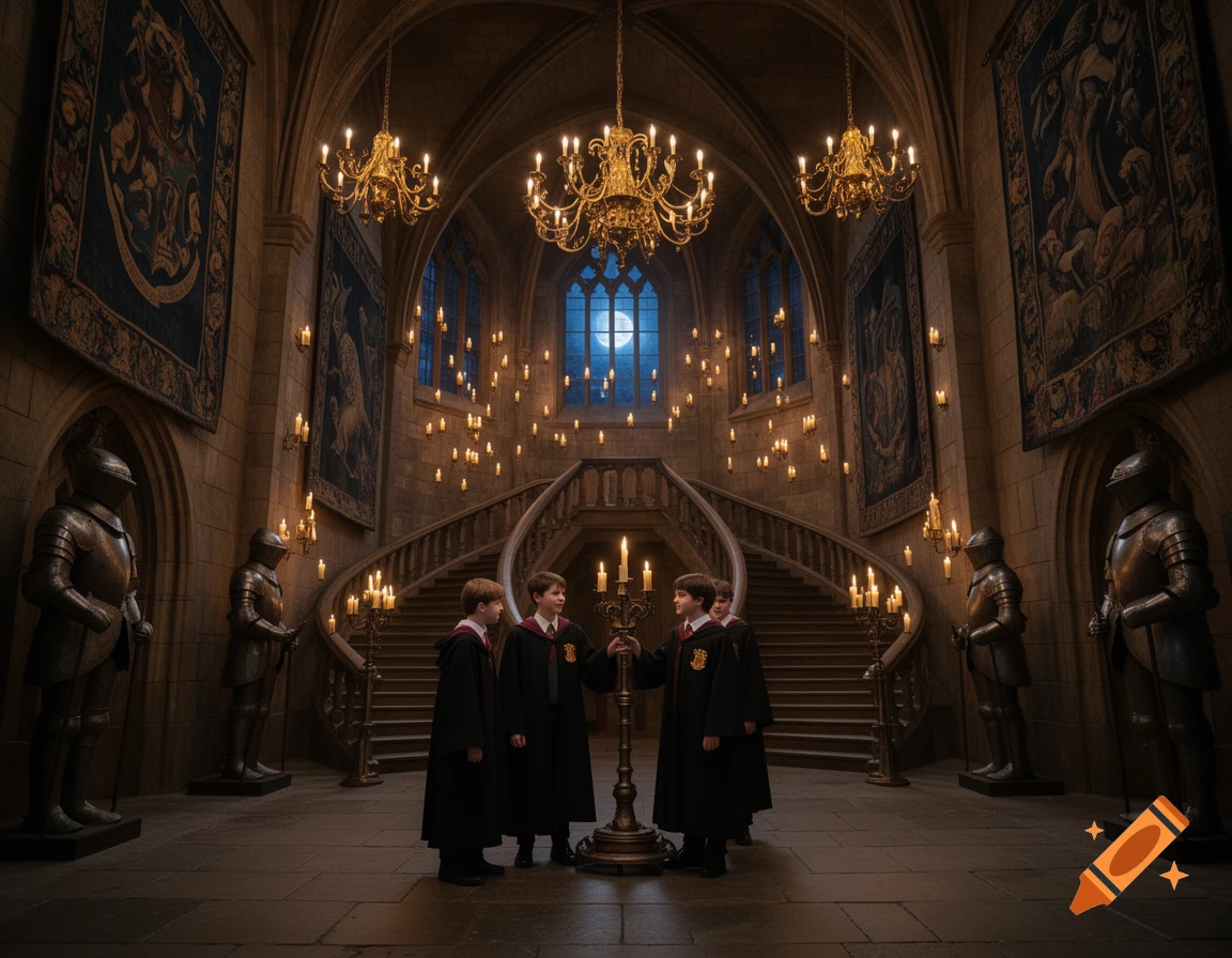 Three boys in wizard robes hold a candelabra in a grand, candlelit Hogwarts-like hall with suits of armor and tapestries.