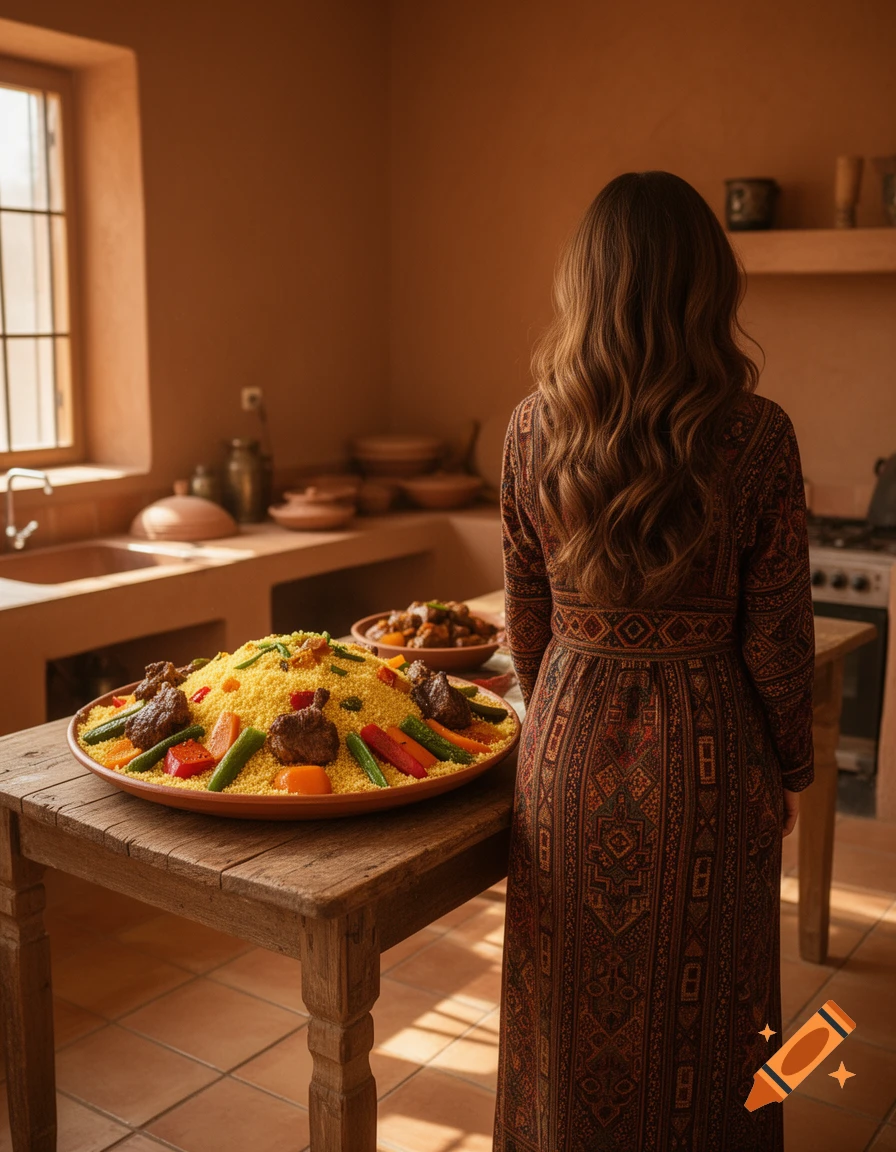 A woman in a patterned dress stands in a rustic kitchen next to a large plate of couscous with vegetables and meat.