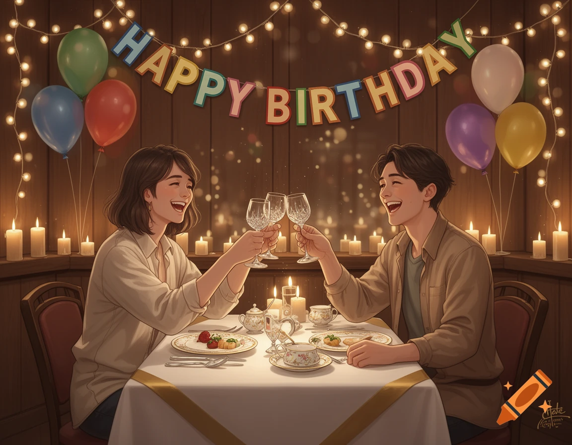 A digital illustration of a happy couple toasting with wine glasses at a candlelit birthday dinner, with 'Happy Birthday' banner.
