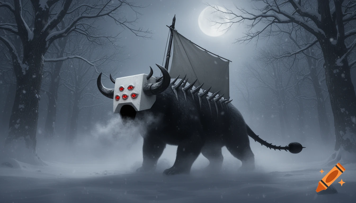 A dark fantasy monster with a white rectangular head, six glowing red eyes, bull horns, a sail, and a spiky back stands in a snowy, foggy winter forest under a full moon.