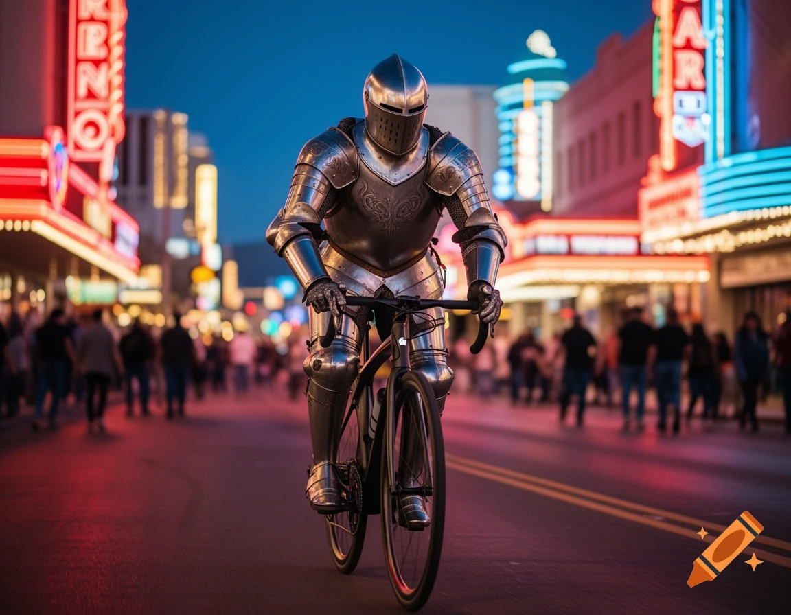 A knight in full shining armor rides a road bike down a busy street lined with neon casino lights at dusk.