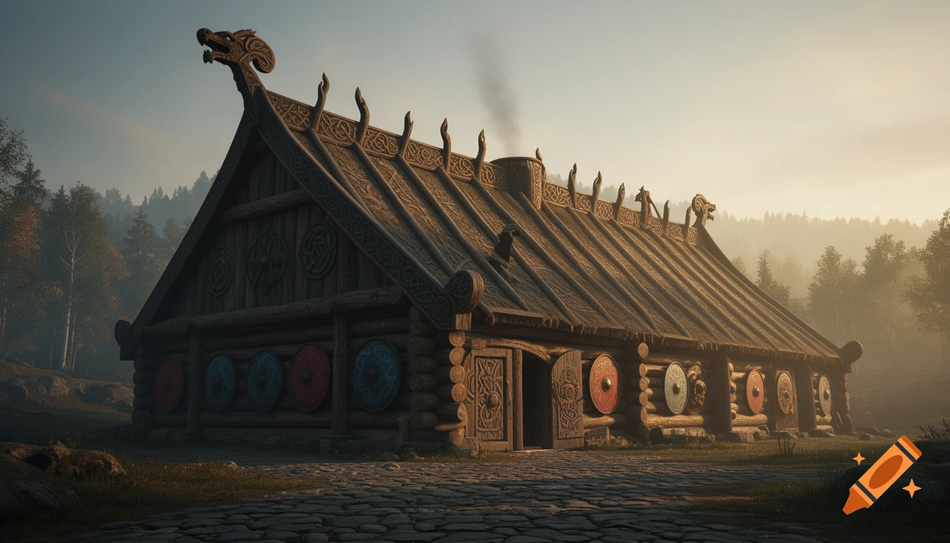 A detailed photorealistic image of a large wooden Viking longhouse with ornate carvings and colorful shields, set in a misty forest at sunset.