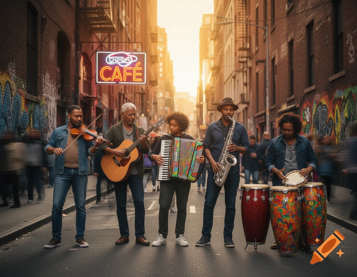 Five musicians play violin, guitar, accordion, saxophone, and drums on a graffiti-covered city street at sunset with a neon cafe sign.