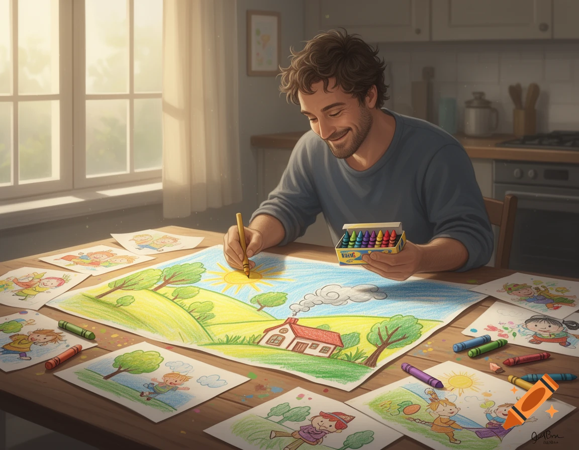 A man smiles while drawing a colorful landscape with crayons, surrounded by children's drawings on a table in a bright room.