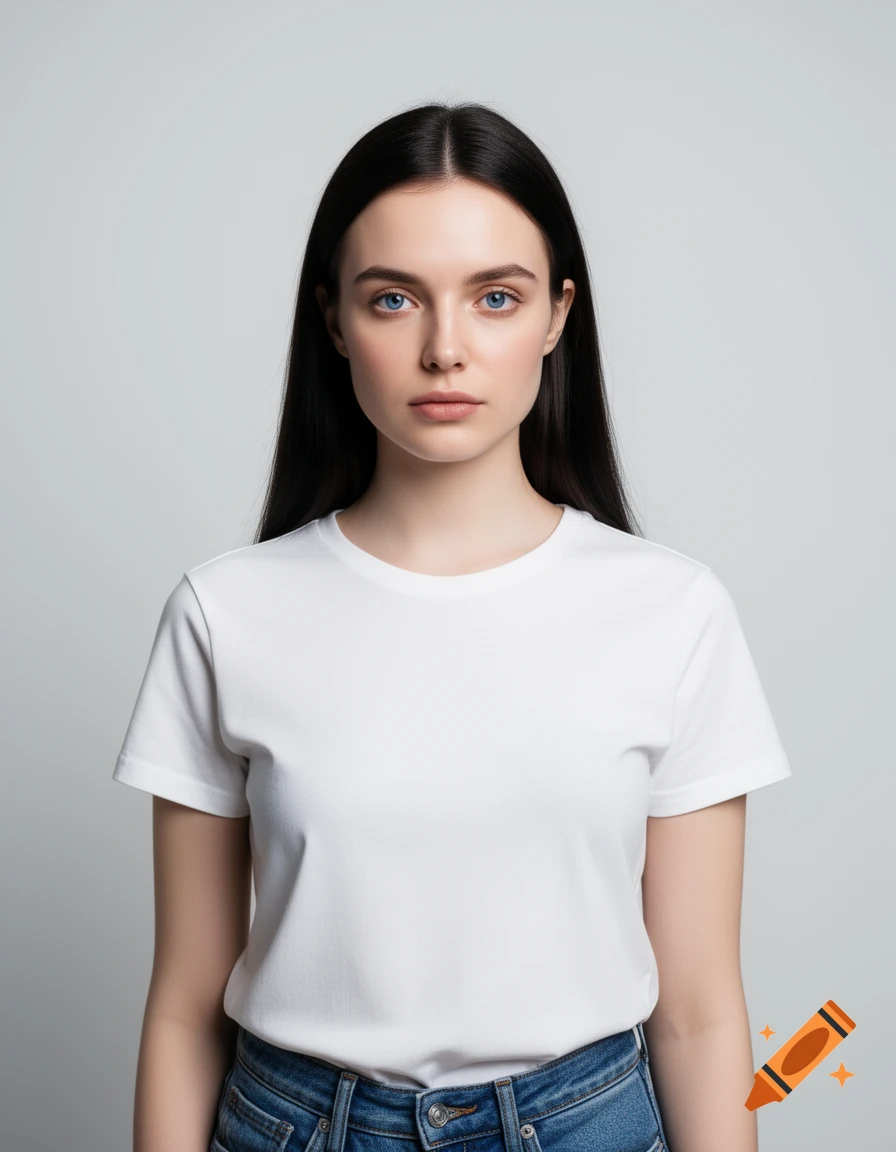 A young woman with long dark hair and blue eyes, wearing a white t-shirt and blue jeans, looking straight at the camera against a grey background.
