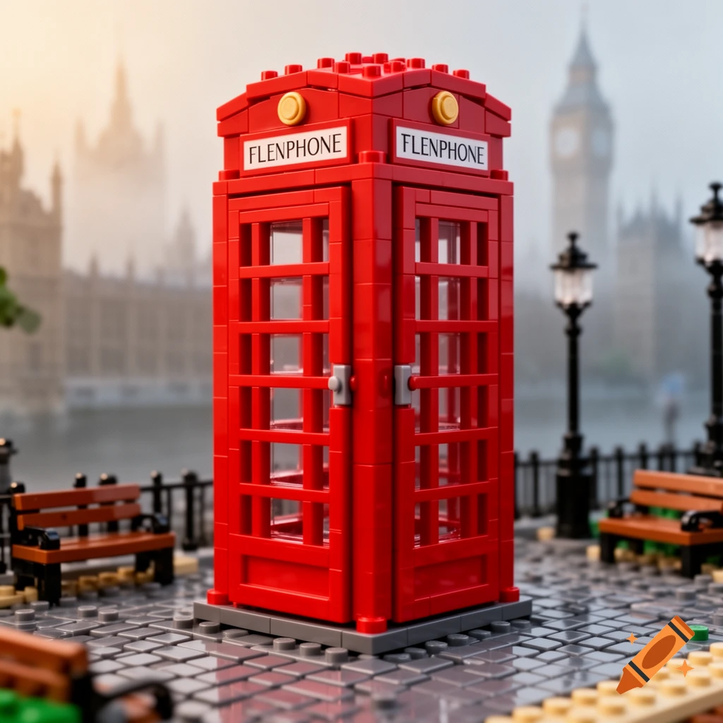A vibrant red Lego London telephone booth stands on a gray Lego cobblestone base, with blurred iconic London buildings in the background.