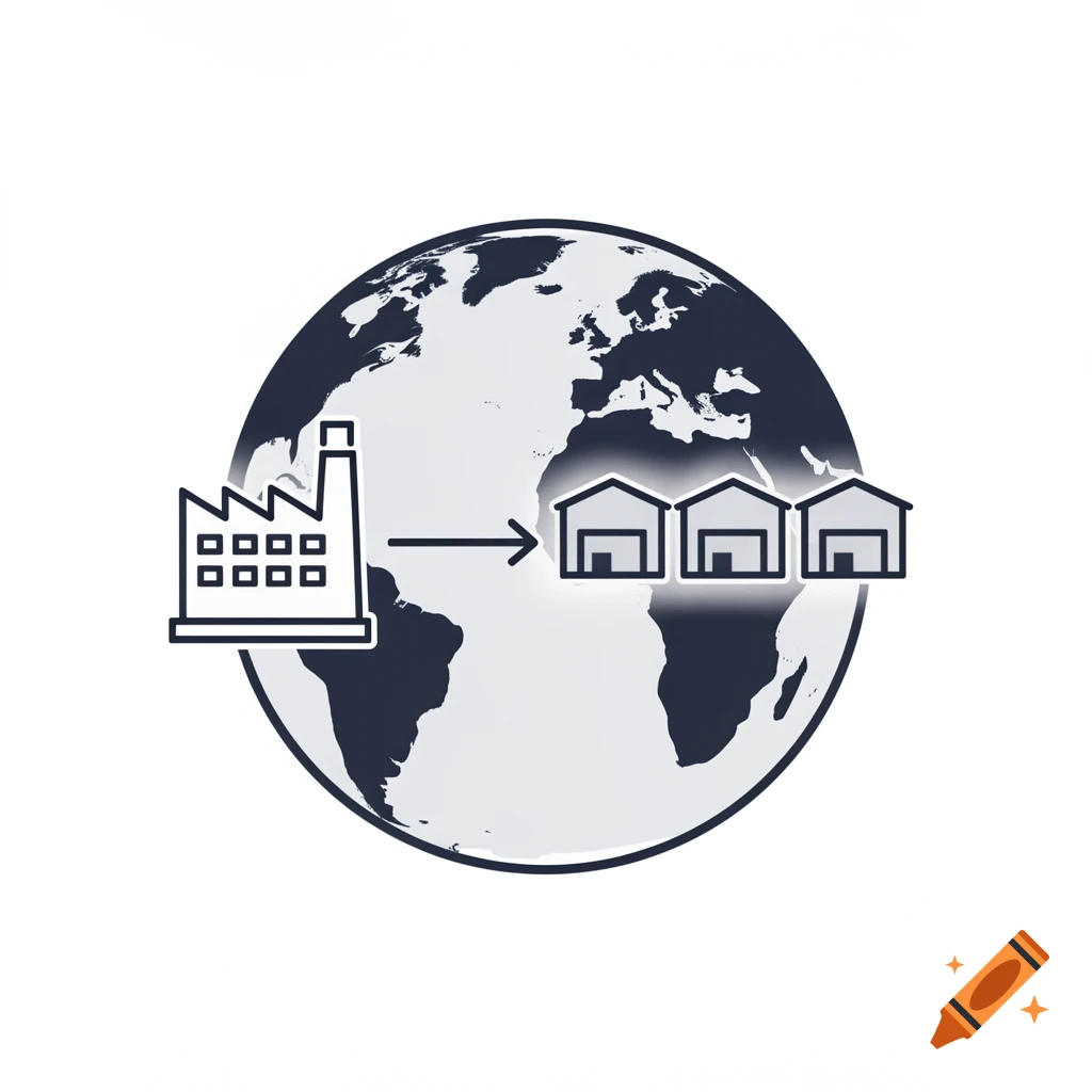 Pictogram showing a factory, an arrow, and three warehouses on a world globe, symbolizing a global supply chain.