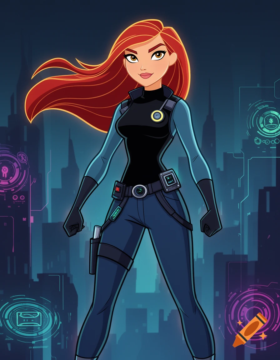 A cartoon illustration of a confident woman with long red hair, wearing a black and blue futuristic agent suit with gadgets, standing in front of a glowing cybernetic city skyline.