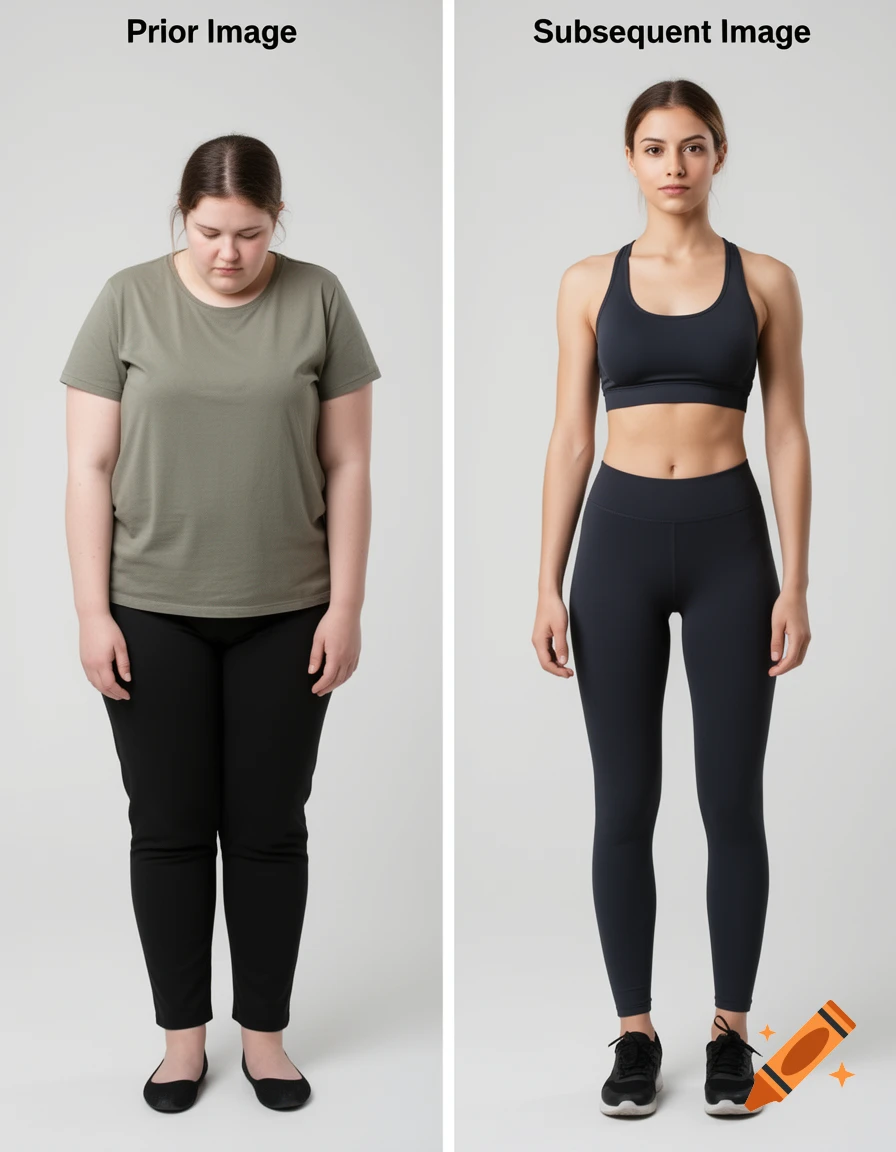 Full-body studio portrait of two women: the left woman is heavier in a t-shirt, the right woman is leaner in athletic wear.