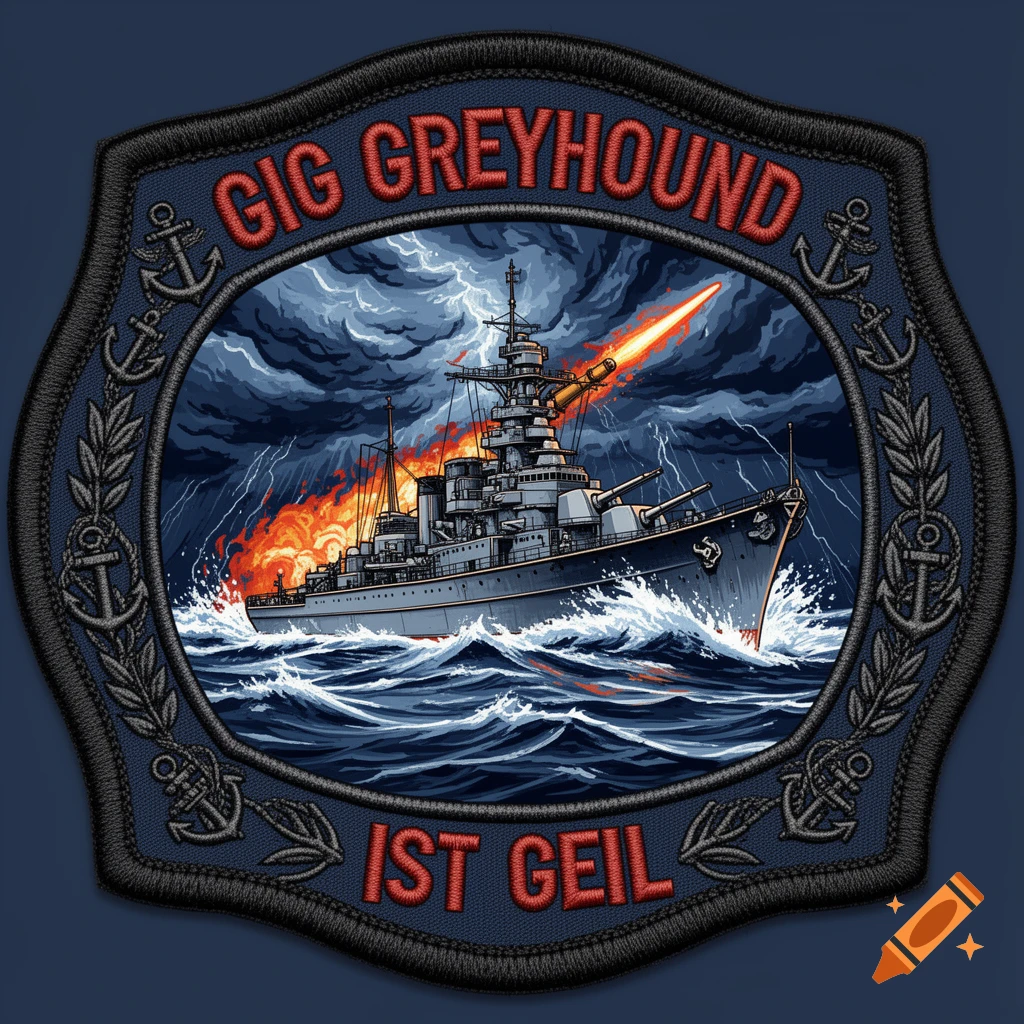 Embroidered military patch depicting a grey warship firing a missile during a lightning storm, with text 'GIG GREYHOUND IST GEIL'.