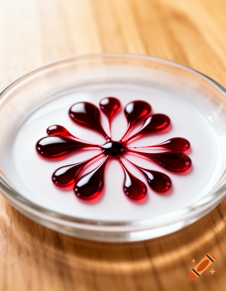 Red glossy liquid droplets arranged in a stylized flower pattern on a white dish, on a wooden table.