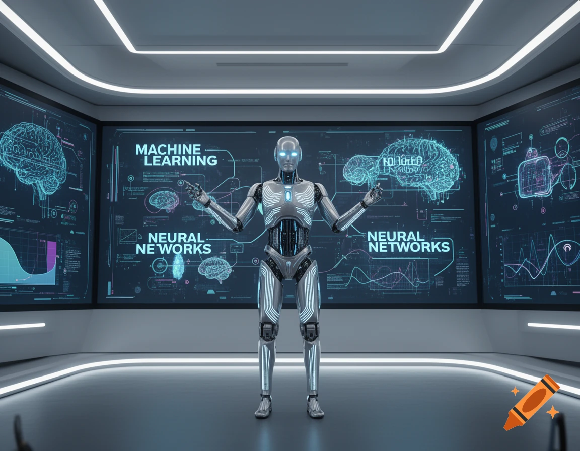 A silver robot stands in a futuristic room, gesturing towards large screens displaying brain diagrams, graphs, and text about machine learning and neural networks.