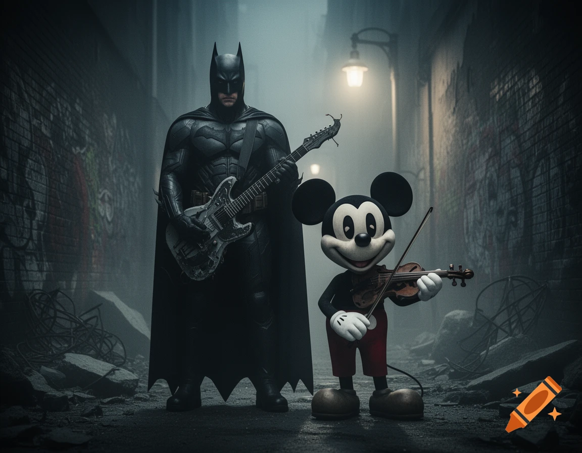 Batman plays electric guitar next to Mickey Mouse playing violin in a dark, gritty alley with graffiti.