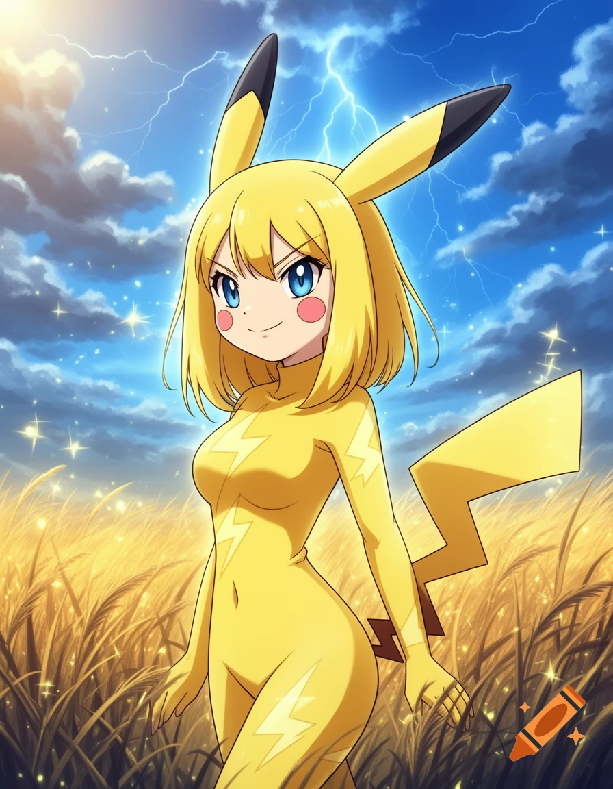 Anime-style humanoid female Pikachu in a yellow suit, standing in a golden field with lightning in the sky.