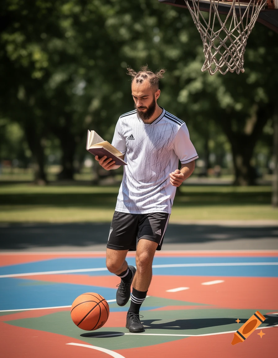 A man with a thin beard and a "bad haircut" plays basketball on a court while reading a book. He wears a white and black athletic uniform.