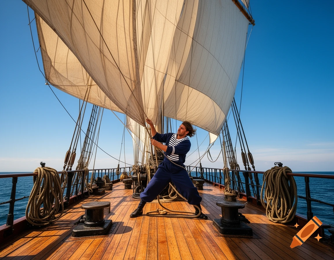 A male sailor in a striped shirt unfurls the large beige sails of a wooden ship on a sunny day at sea.