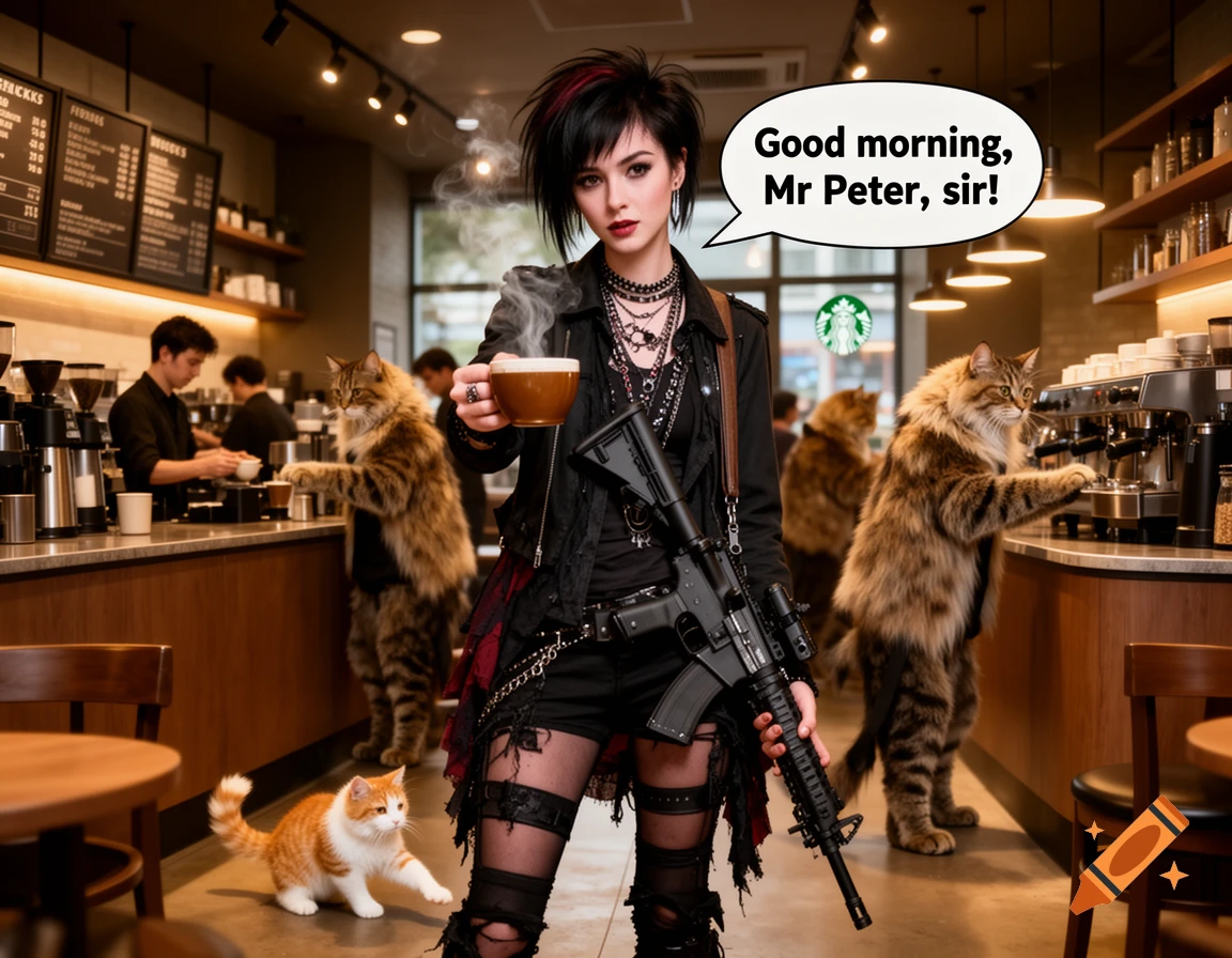 A young woman in emo fashion holds a steaming coffee cup and an AR-15 in a Starbucks where cat baristas work, with a speech bubble saying "Good morning, Mr Peter, sir!"