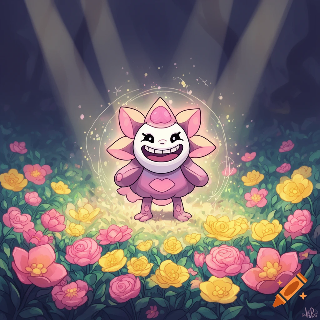 A cheerful pink and white flower creature with a wide grin stands amidst a field of colorful pink and yellow flowers, illuminated by soft light.