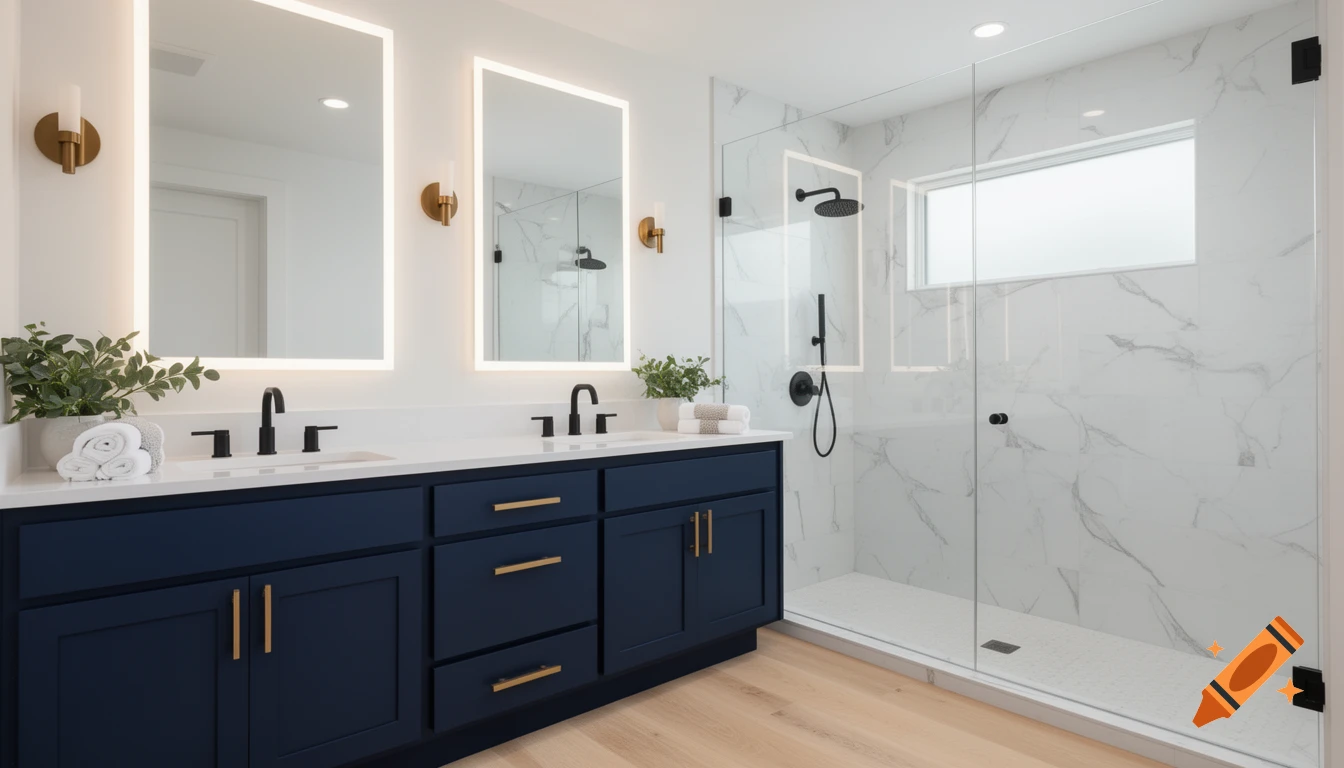 Photorealistic modern luxury bathroom with navy blue double vanity, white quartz countertop, backlit mirrors, marble shower, and light wood floor.