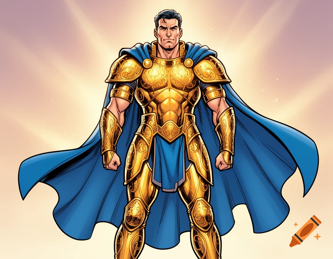 Comic style muscular man in ornate golden armor and a flowing blue cape, standing heroically.