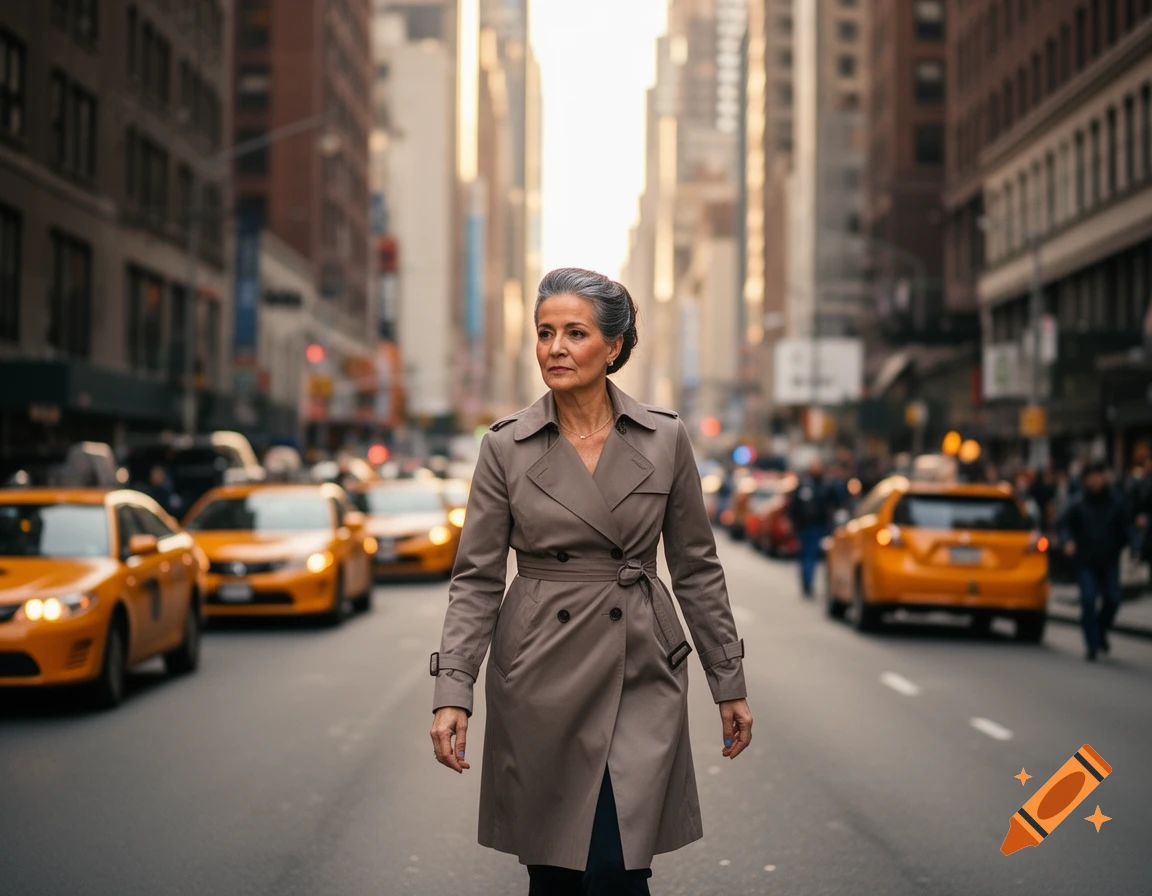 A stylish older woman in a trench coat walks down a New York City street with yellow taxis and tall buildings.