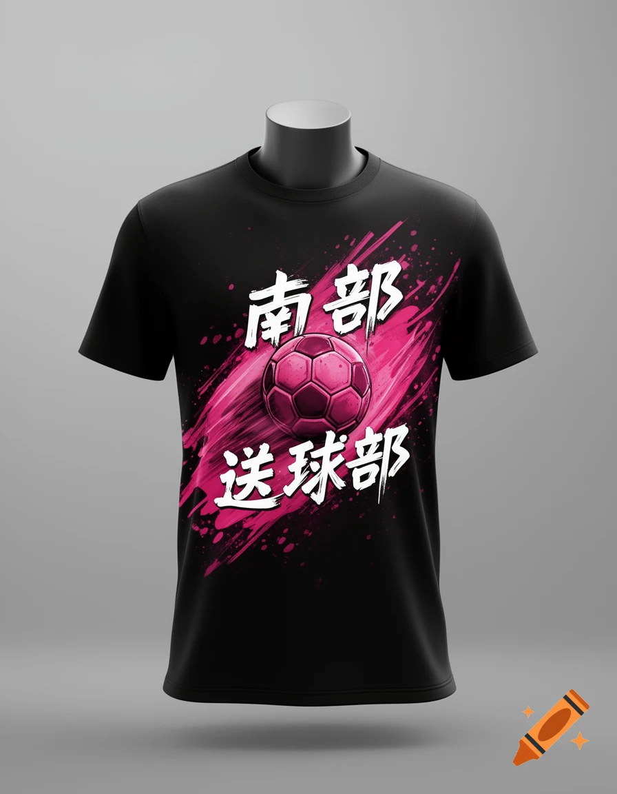 A black t-shirt on a mannequin, featuring a pink handball illustration and white Japanese text "南部" and "送球部" in a brushstroke style.