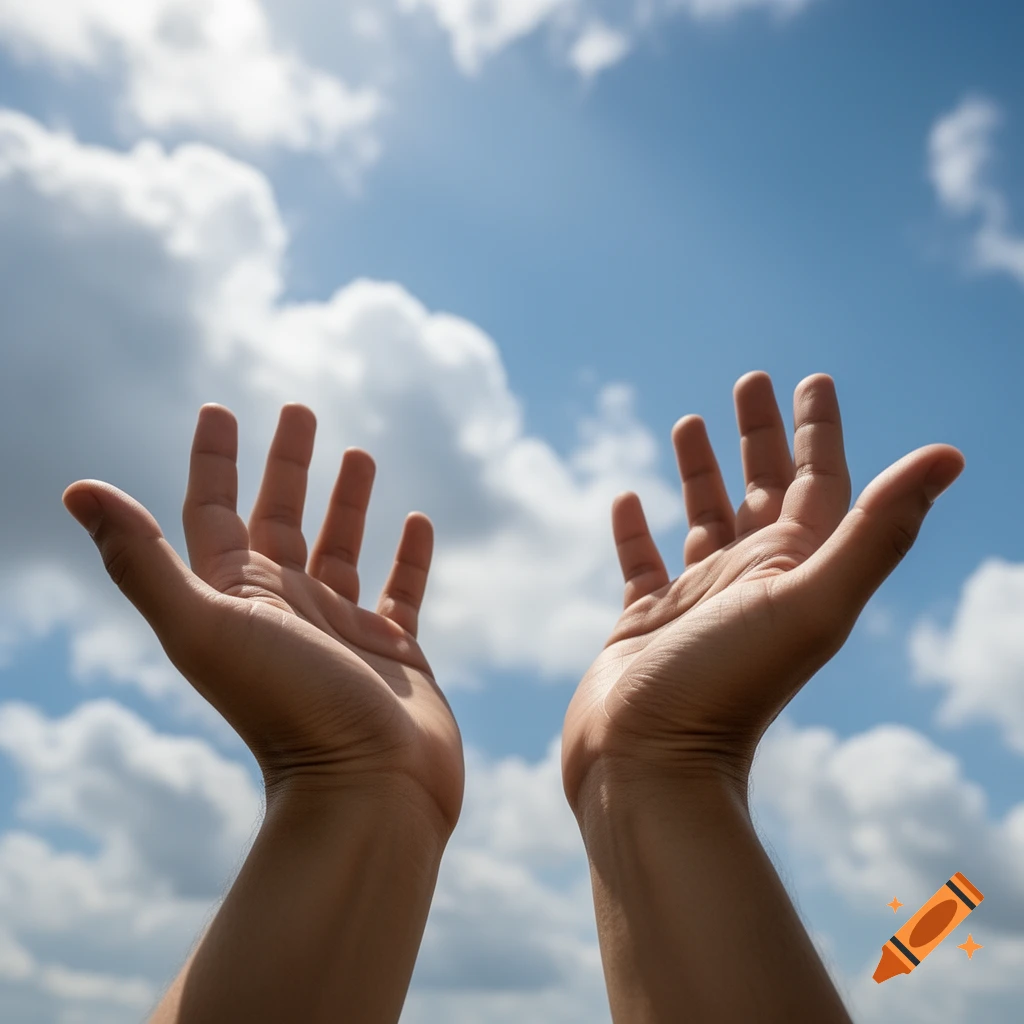 Two open hands reach up towards a bright blue sky with white clouds.
