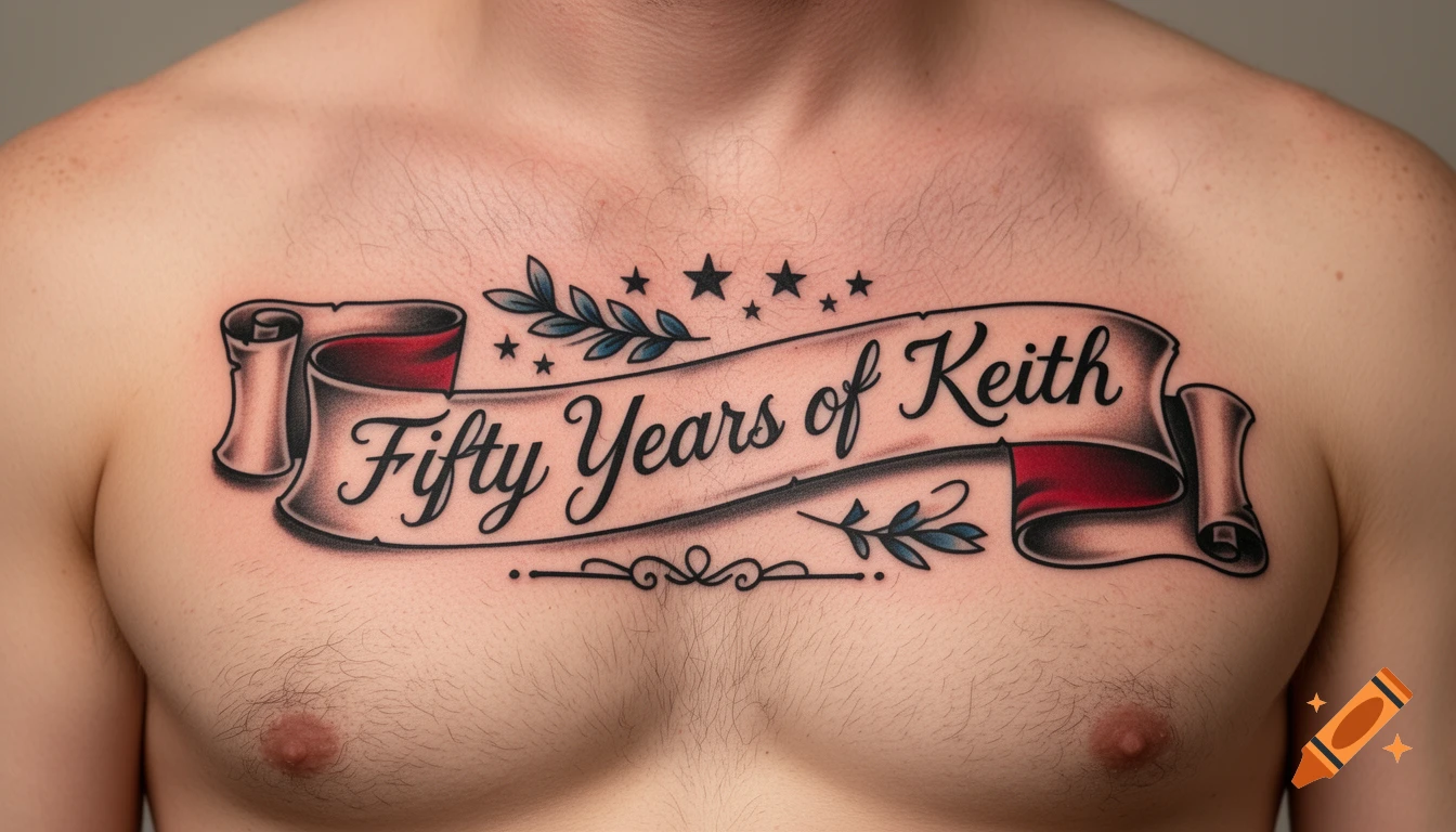 Close-up of a man's chest with a colorful American traditional tattoo banner reading "Fifty Years of Keith," adorned with stars and laurel leaves.