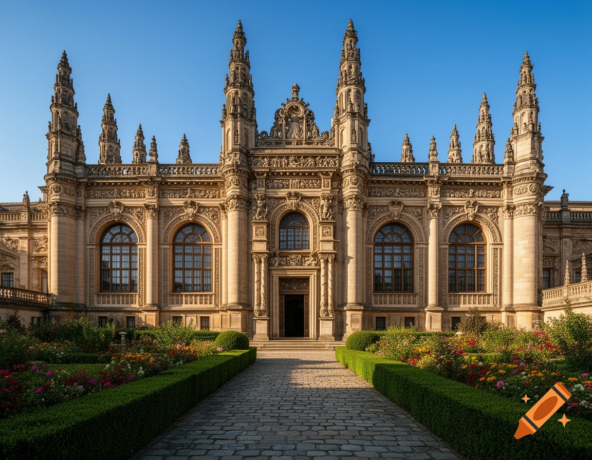 A grand, ornate sandstone building with spires and intricate carvings, flanked by manicured gardens under a clear blue sky.