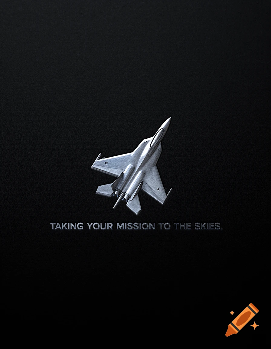 A silver fighter jet emblem on a dark textured background, with text that reads 'TAKING YOUR MISSION TO THE SKIES.'