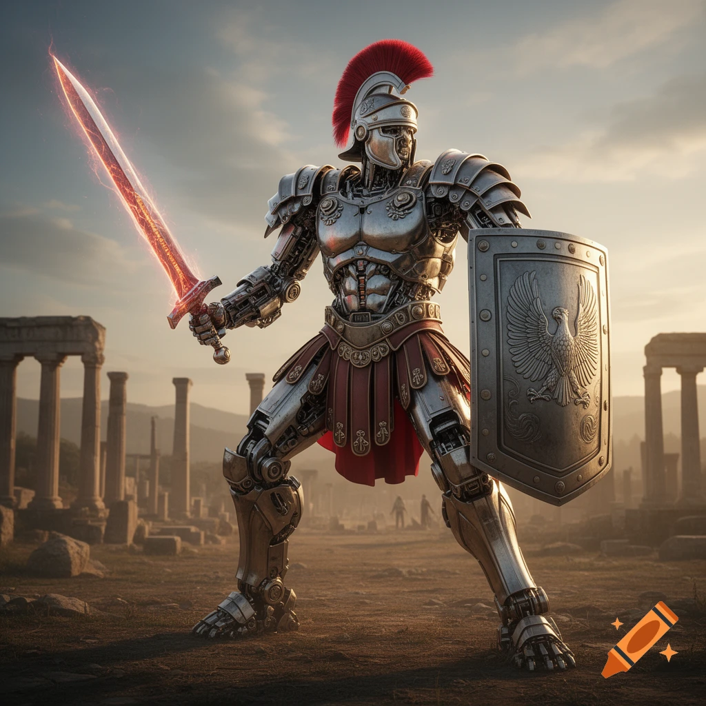 A metallic Roman-style mech warrior with a glowing sword and shield stands in ancient ruins.