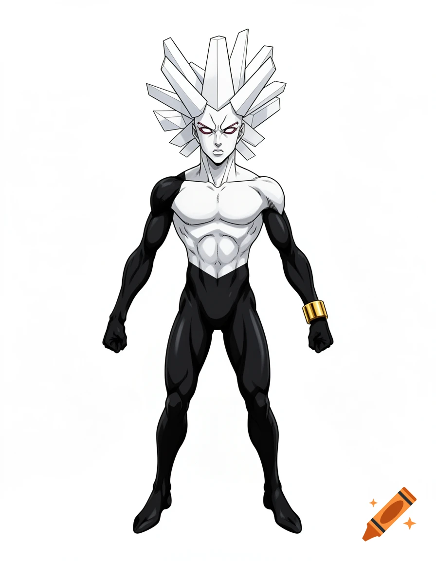 A white-skinned anime superhero with spiky white geometric hair, red eyes, and a black and white suit, standing. Cell-shaded style.