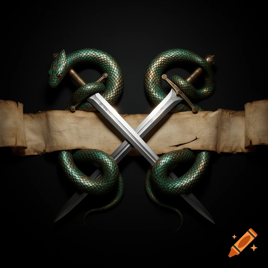 Two crossed swords, each entwined by a green snake with red eyes, over a blank scroll banner, on a black background.
