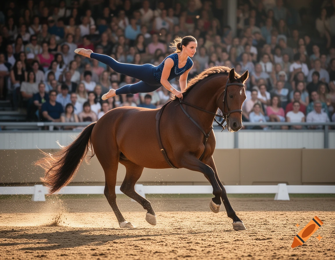 A female equestrian vaulter balances horizontally on a galloping brown horse in an arena, with a blurred crowd in the background.