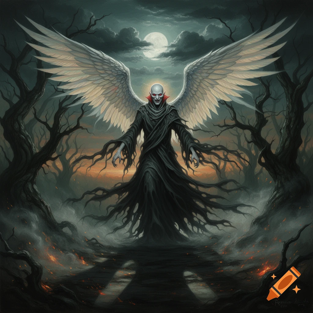 An undead vampire-like creature with white angel wings stands in a dark, ominous forest under a full moon, rendered in a realistic painting style.